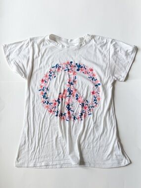 White Short Sleeve Tee with Pink & Blue Floral Peace Graphic
